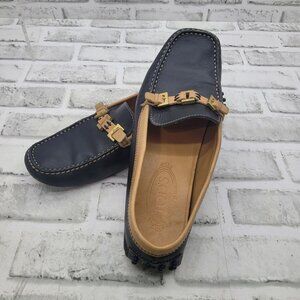 Tod's Black & Brown Tan Leather Buckle Square Toe Driving Loafer Women's Size 9
